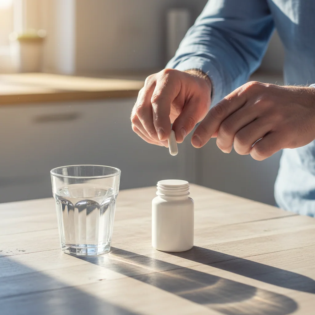 Handen van een man boven de 50 die een Alpha Drive capsule inneemt bij een glas water - ochtendstens